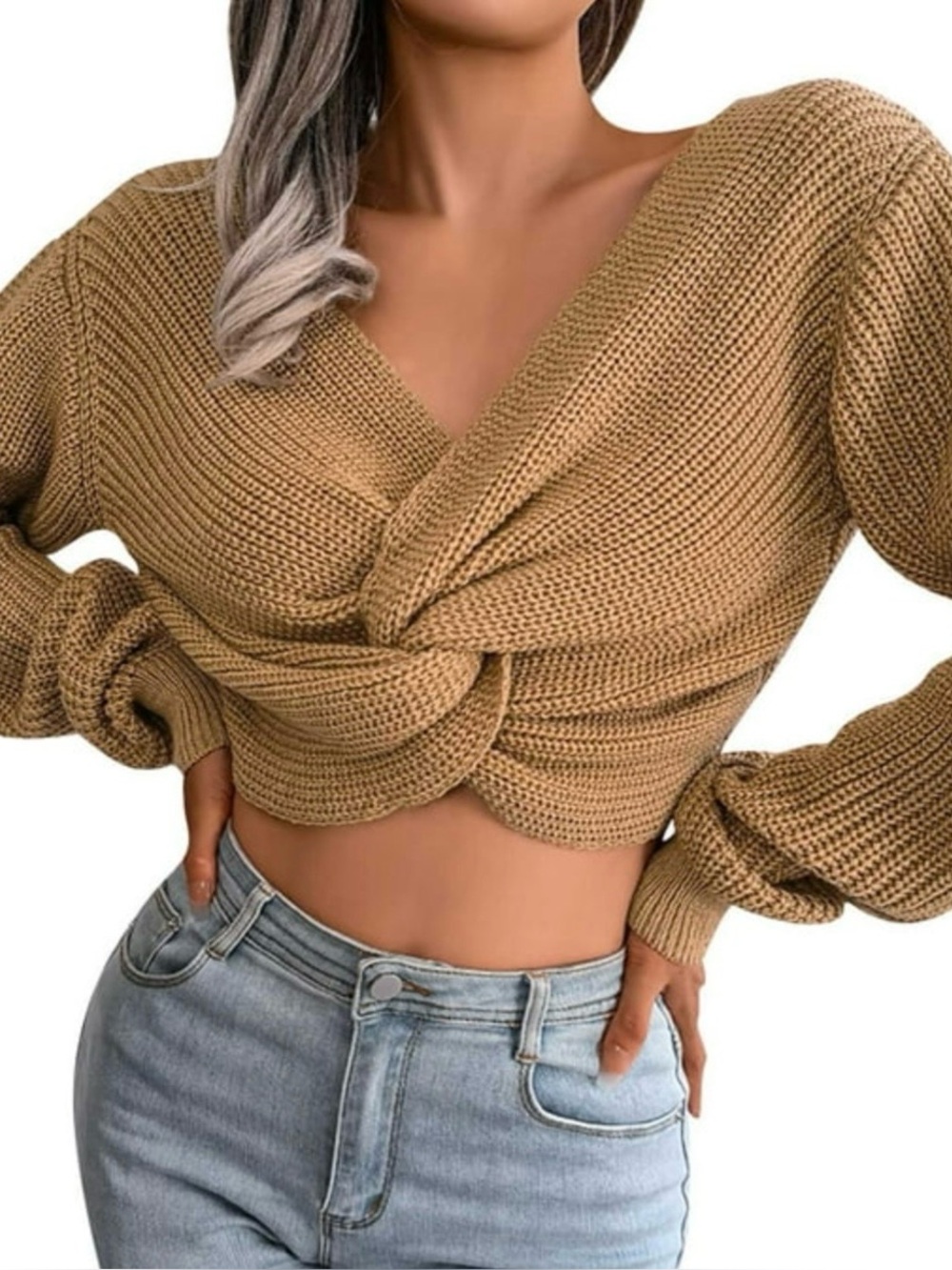 Crop Knit Twist Front Sweater - Olive, Cream & Tan
